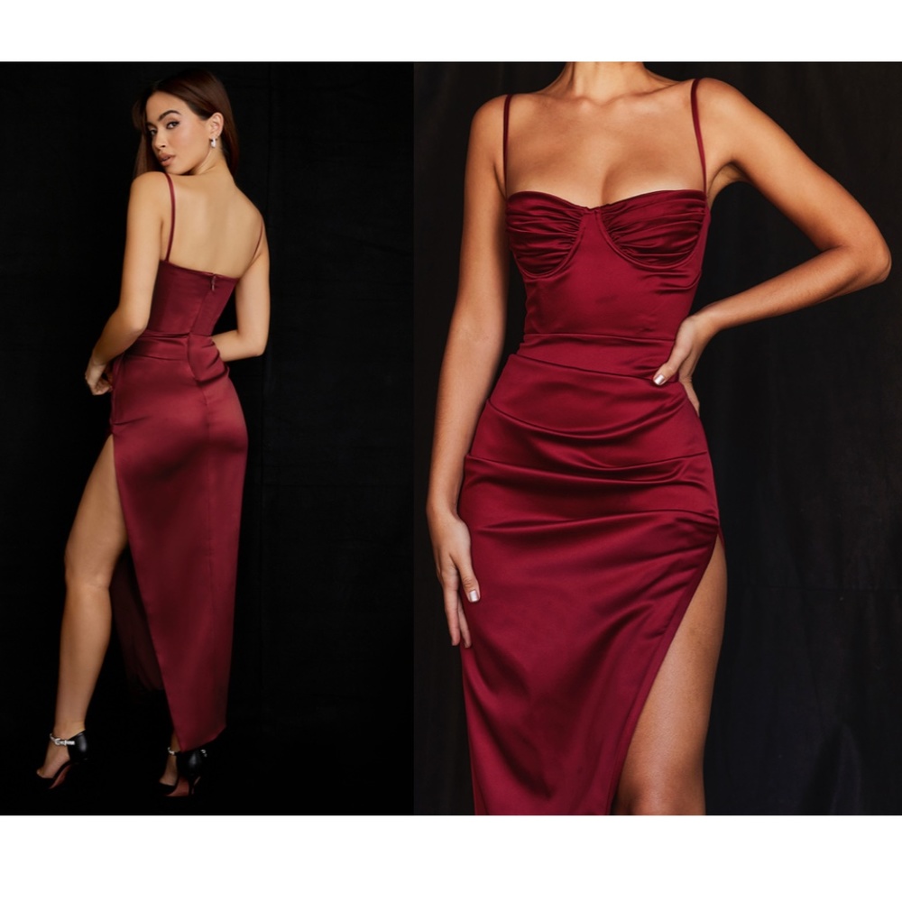 Elegant Burgundy Satin Dress - Picture 3 of 11